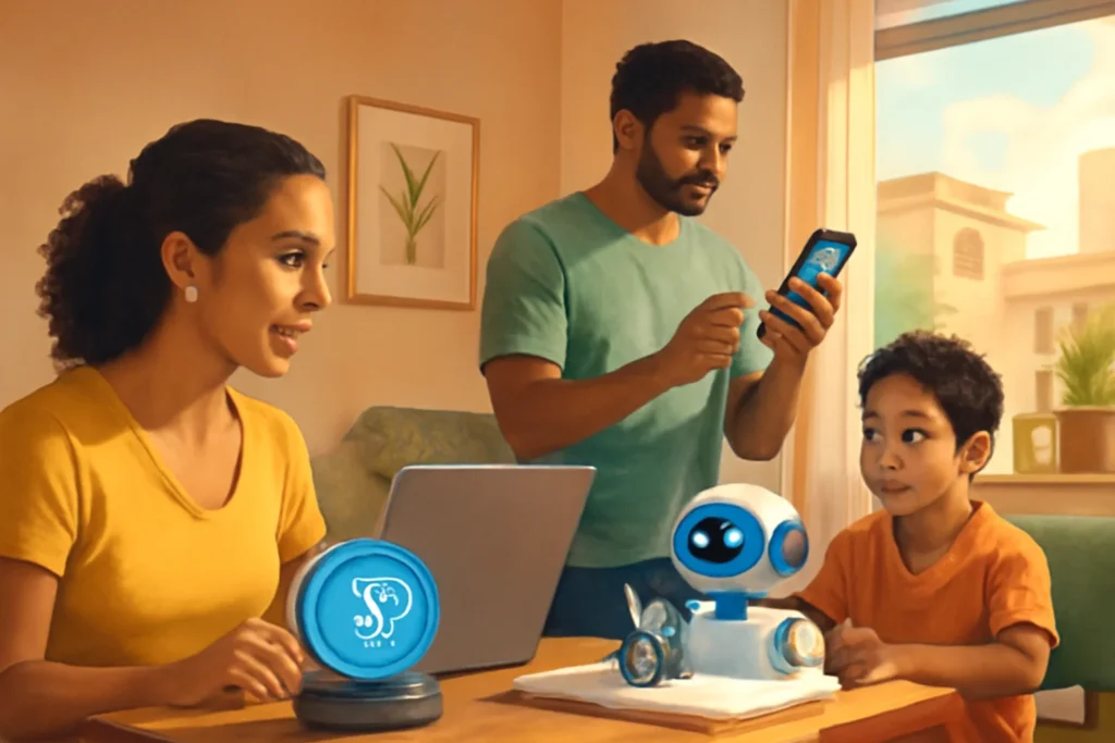 Ilustração realista de uma família brasileira interagindo com IA em casa; crustáceo gigante não visível na cena.