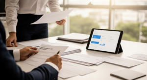 Equipe planejando uma campanha de marketing direto B2B com mala direta e dados no escritório