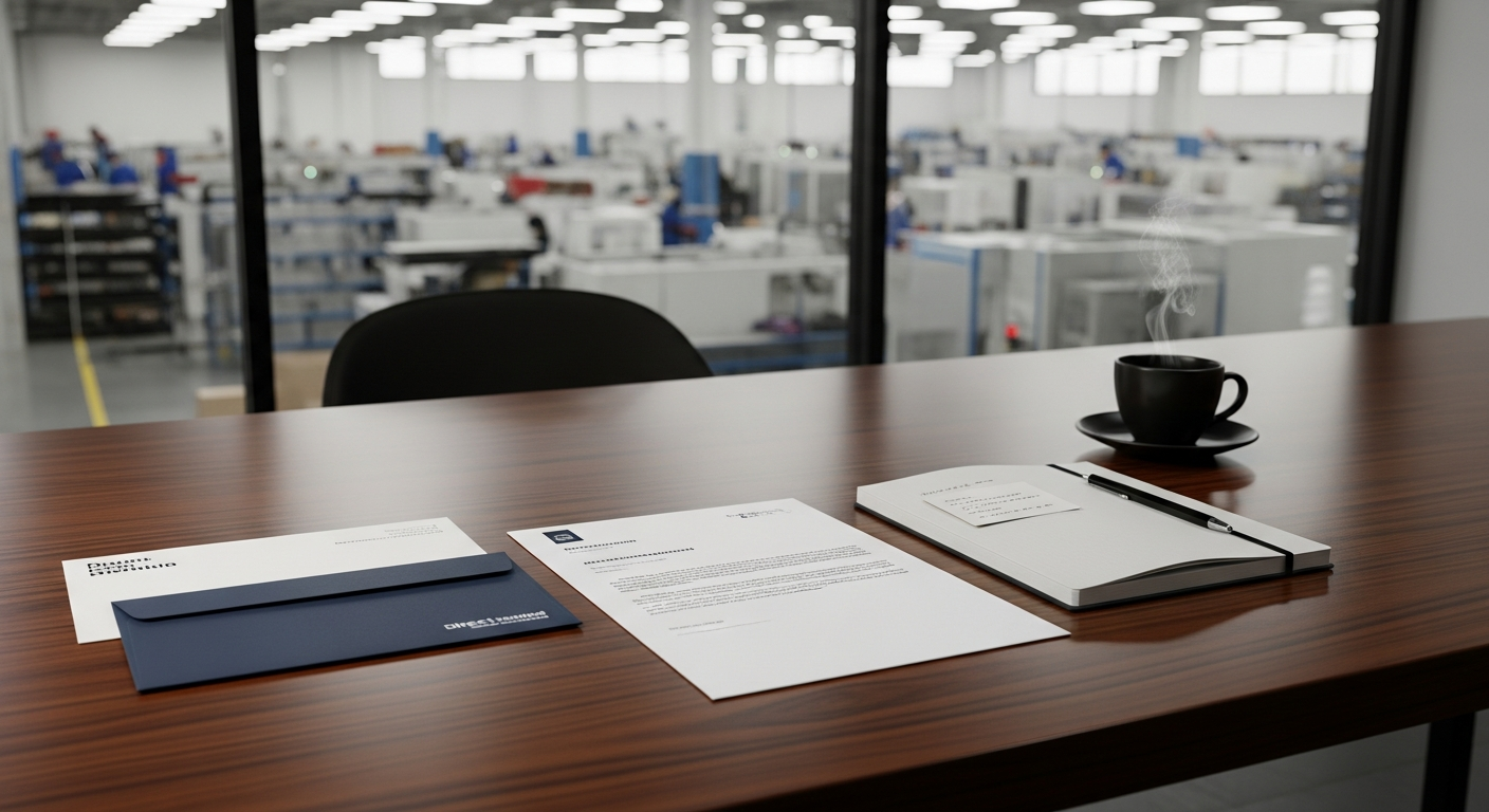 Diretor comercial em escritório industrial avaliando peça de marketing direto B2B sobre a mesa