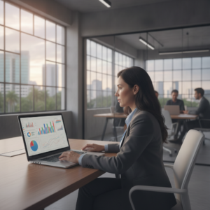 Gerente comercial analisando dados de uma cadência de prospecção no notebook