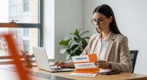Gerente de marketing analisando dados e segurando um kit de campanha física personalizada em um escritório corporativo.