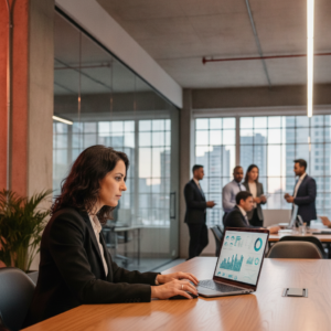 Gestor comercial analisando dados para qualificação de leads B2B em um notebook.