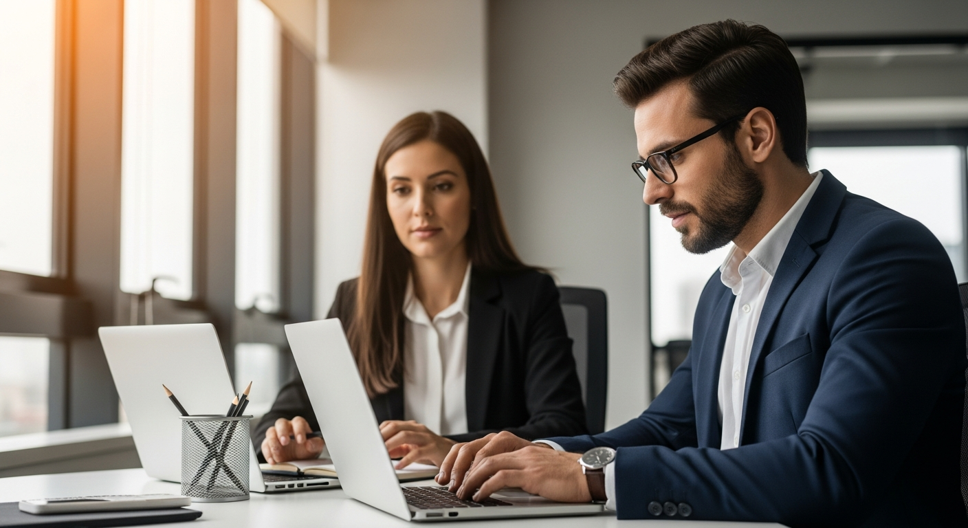 Gestor comercial analisando dados de relacionamento com clientes B2B em um laptop