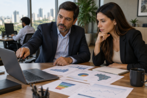 Gestores analisam dados para construir o perfil de cliente ideal B2B