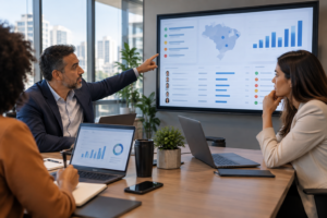 Gestores brasileiros analisando sinais de intenção de compra B2B no CRM