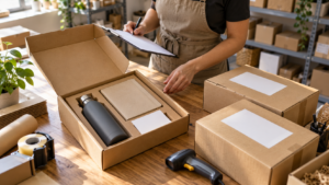 Conferência de kit com garrafa, caderno e cartão em bancada ao lado de caixas preparadas para envio.