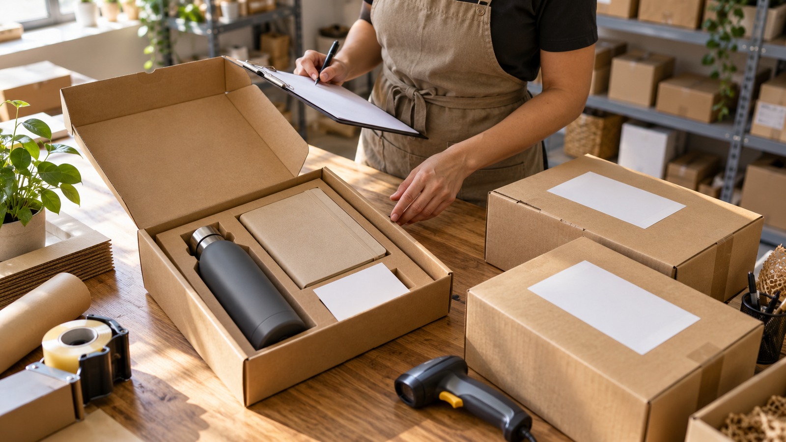 Conferência de kit com garrafa, caderno e cartão em bancada ao lado de caixas preparadas para envio.